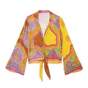 (A4) NWT Xi Xi Brown Yellow Rust Satin-Silk Effect Tie Front Boho Blouse Top S